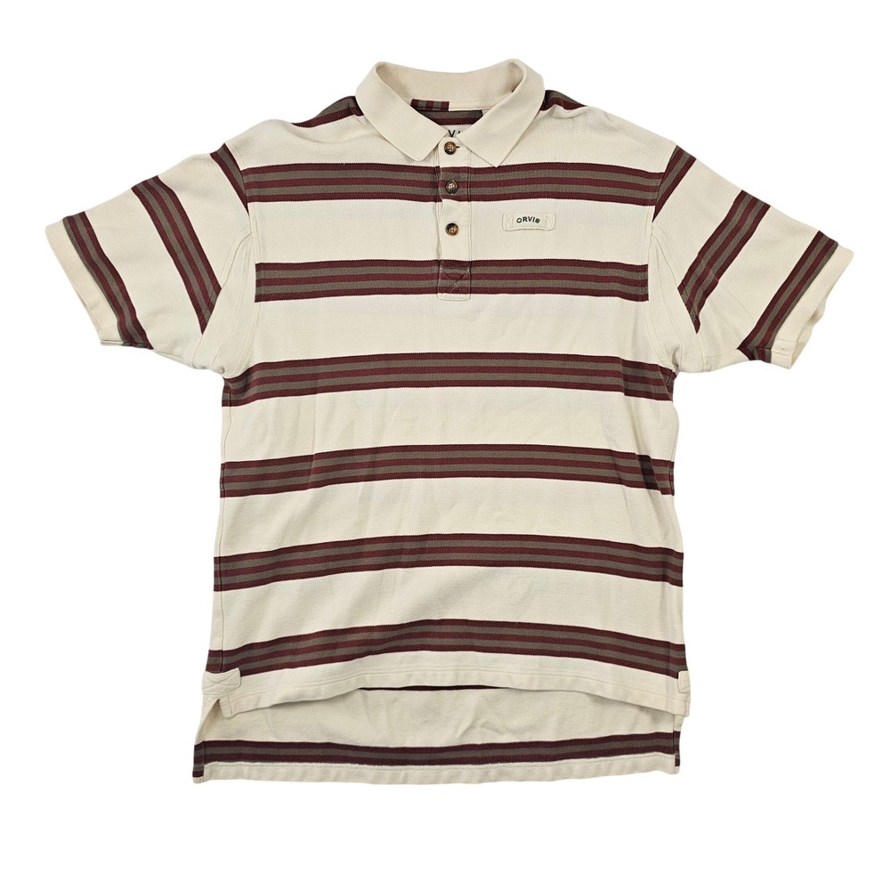 Orvis Mens Large Striped Polo‎ Shirt Cream Burgundy Green Short Sleeve Cotton L